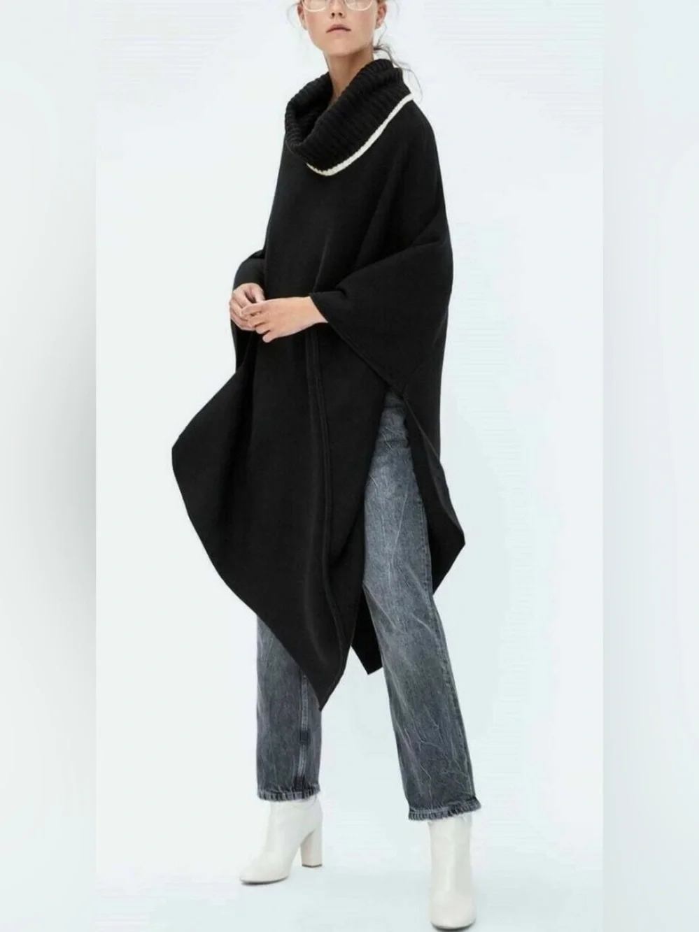 Zara Black Cowl Neck Sweater Poncho with Cream Trim Sz S oversized fits a M-L - Picture 2 of 9
